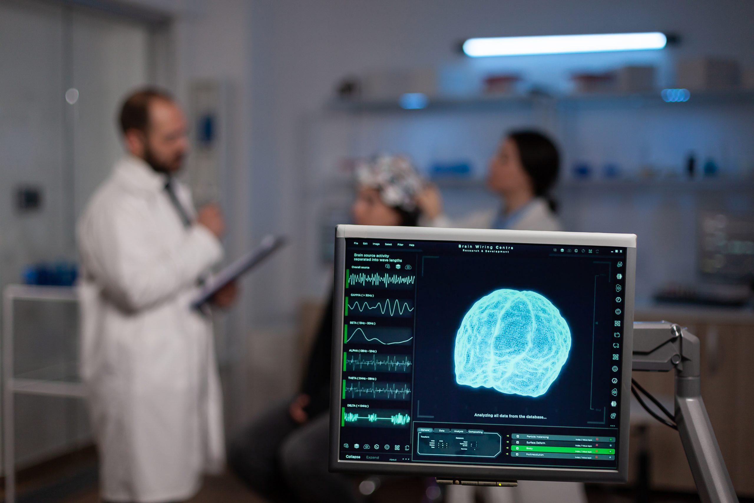 Monitor showing brain activity in professional high end science laboratory